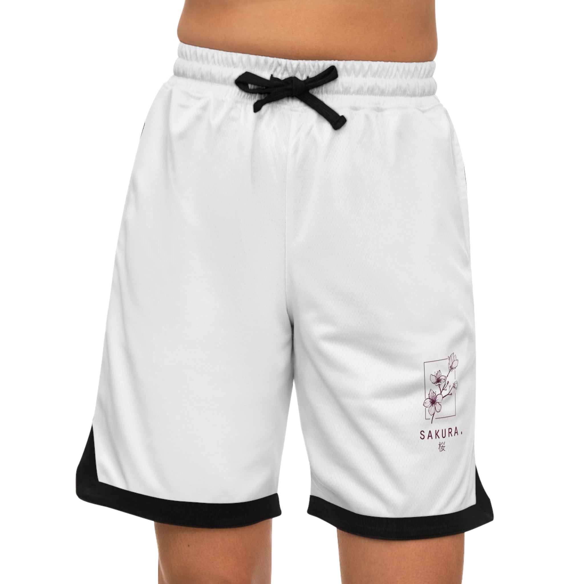Sakura Basketball Shorts — White AOP Athletic Rib Shorts
